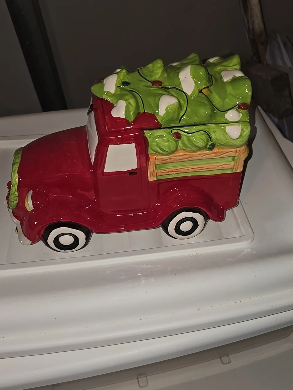 Festive Red Pickup Truck Cookie Jar with Green Tree